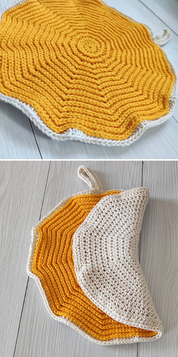 Two pictures of a crocheted potholder.