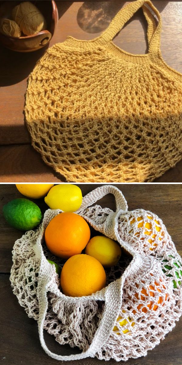 Two crocheted reusable string bags are shown; one empty on a table, and one filled with oranges and lemons—perfect for pairing with your favorite Fish Amigurumi patterns for a charming handmade touch.
