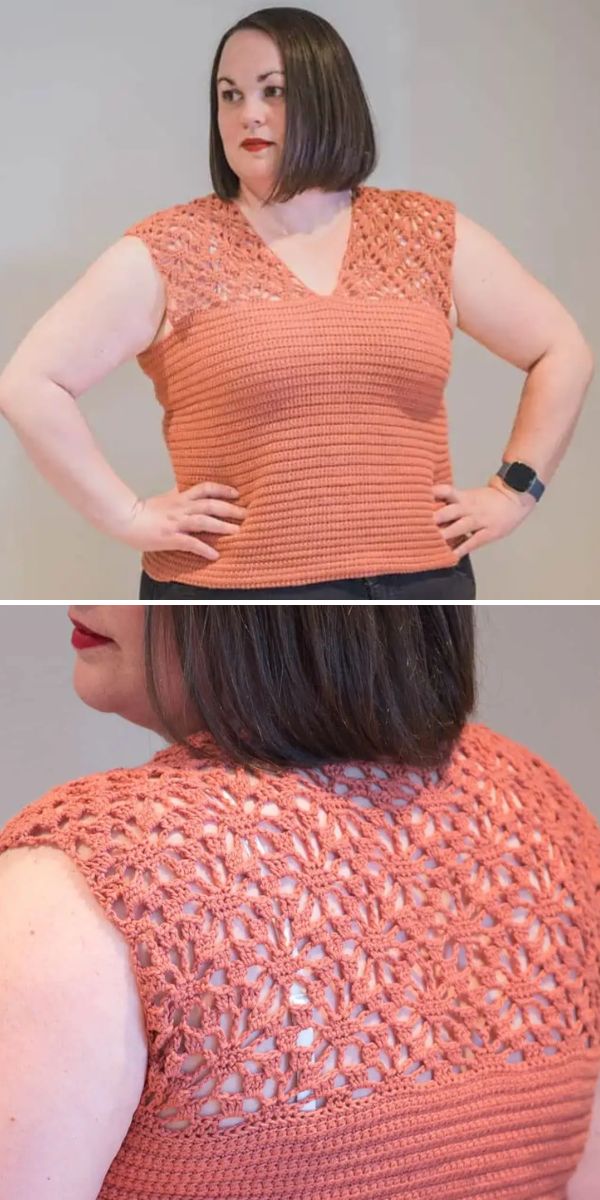 a plus-size model in a pink crochet blouse with lacy detail