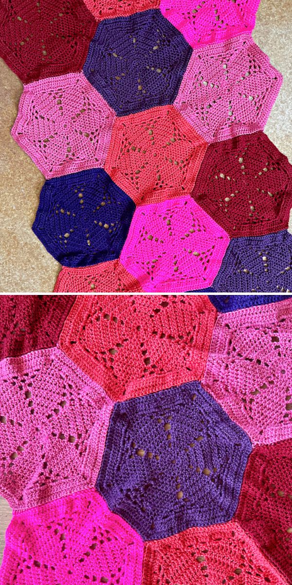 Crocheted hexagon motifs in shades of pink, red, purple, and blue are joined together to form a colorful, geometric blanket—ideal for pairing with Fish Amigurumi patterns for a whimsical touch.