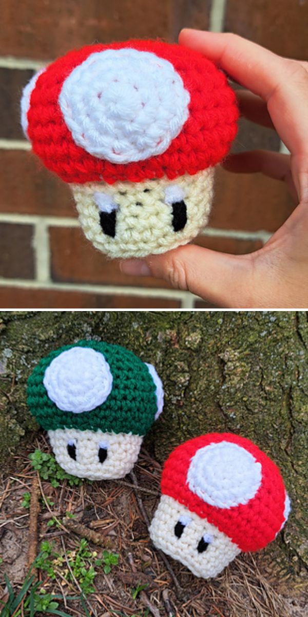 two crochet mushroom toys in the style of mario