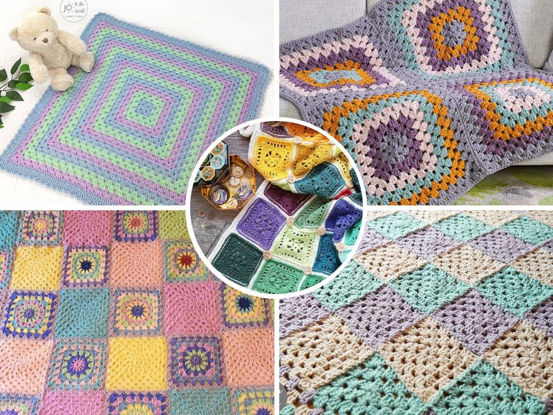 A collage of crocheted afghans with teddy bears.