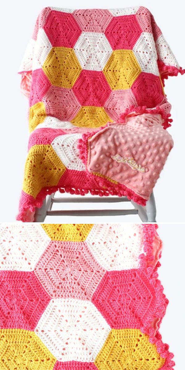 A crocheted blanket with hexagonal patterns in pink, white, and yellow draped over a chair, with a pink textured baby blanket partially visible—perfect for pairing with adorable Fish Amigurumi patterns for a charming nursery touch.