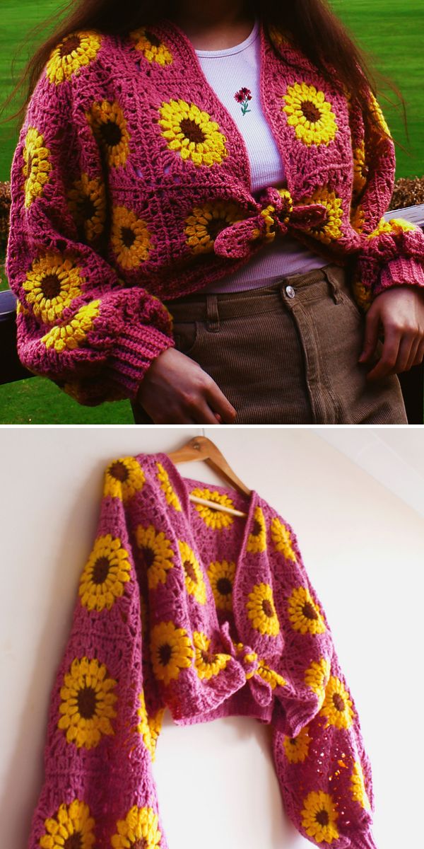 A pink crochet cardigan with yellow sunflower patterns is shown worn by a person and displayed on a hanger, perfect for pairing with handmade accessories like Fish Amigurumi patterns.