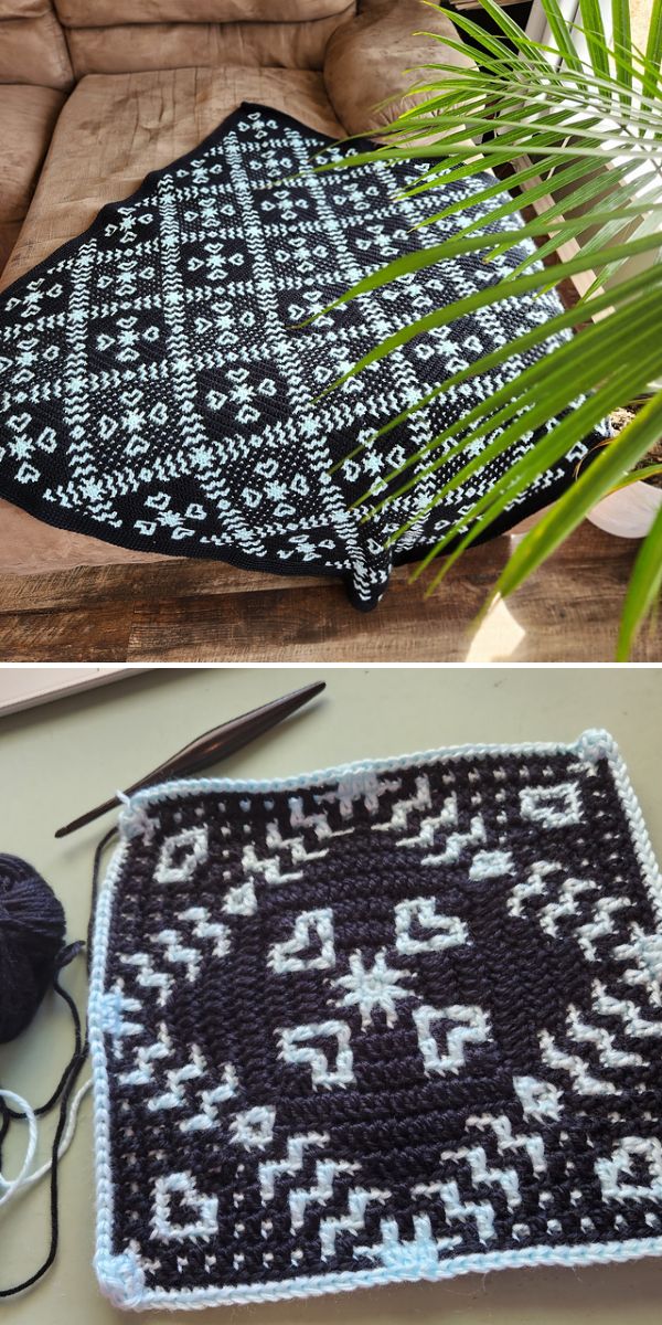 A black and white crocheted baby blanket on a couch.