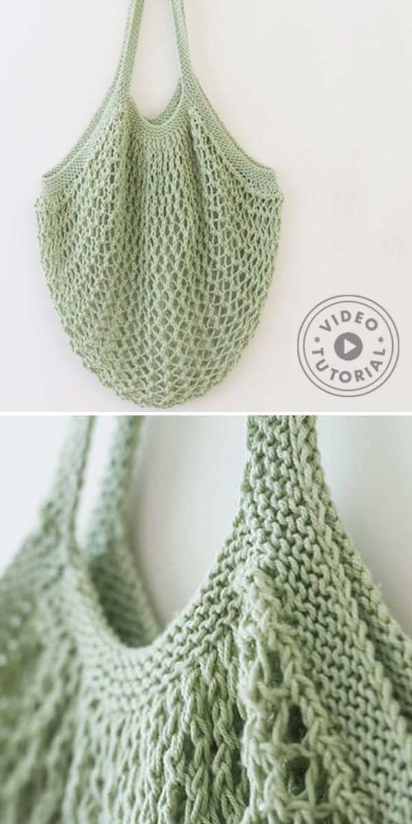 Light green knitted mesh tote bag, shown hanging on a wall and in a close-up view to display the texture and details of the knitting pattern, perfect for carrying small crafts like Fish Amigurumi patterns.