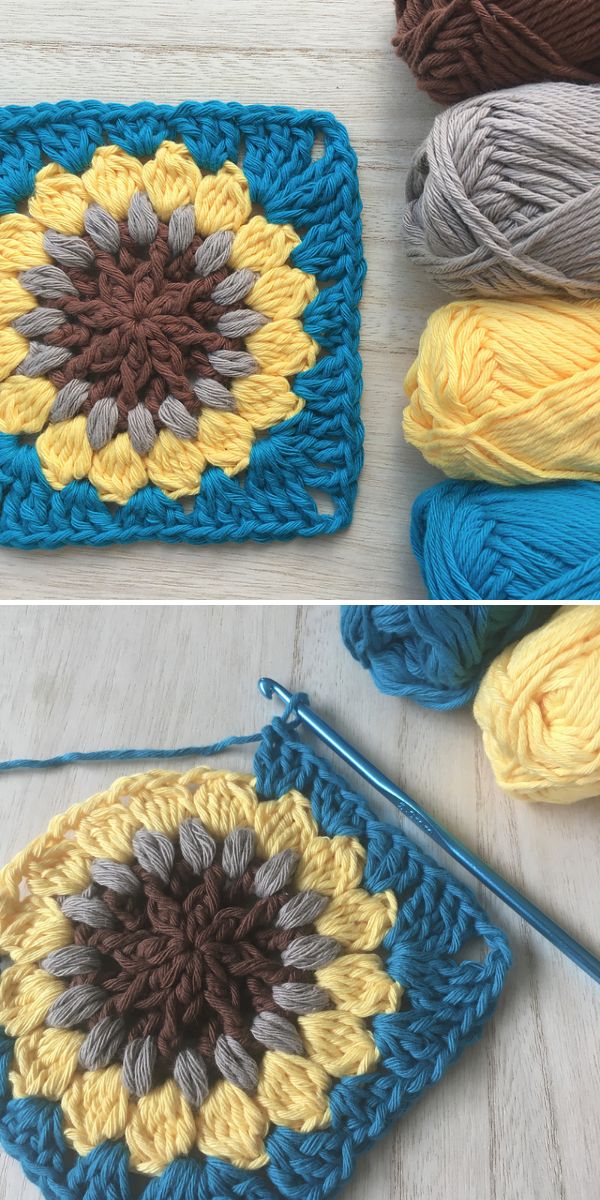 Two images show a crochet sunflower granny square in progress with brown, yellow, gray, and blue yarn, plus a metal hook and skeins on a light wooden surface—perfect inspiration for pairing with Fish Amigurumi patterns.