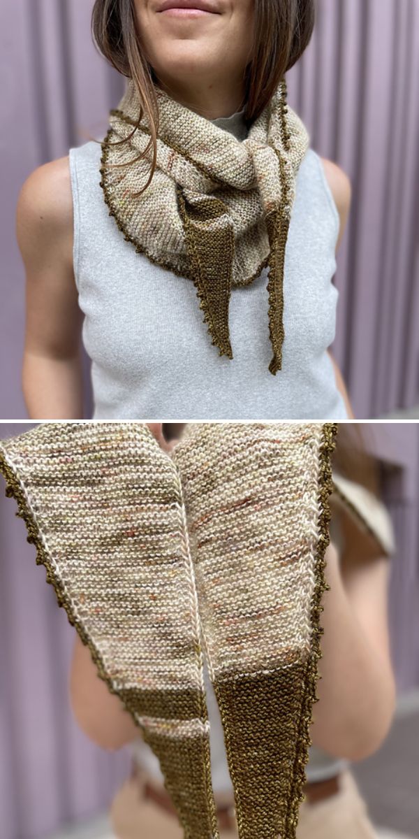 a knitted scarf with pointy ends wrapped around the neck