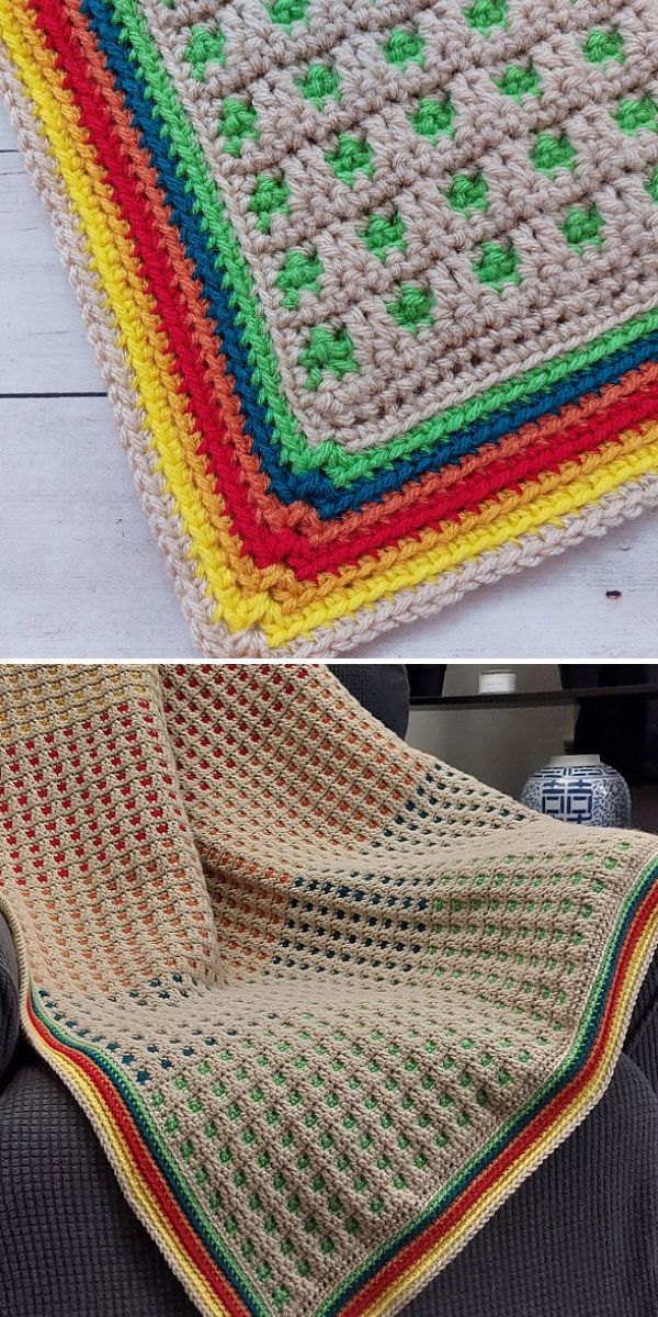 Crocheted baby blankets on a couch.