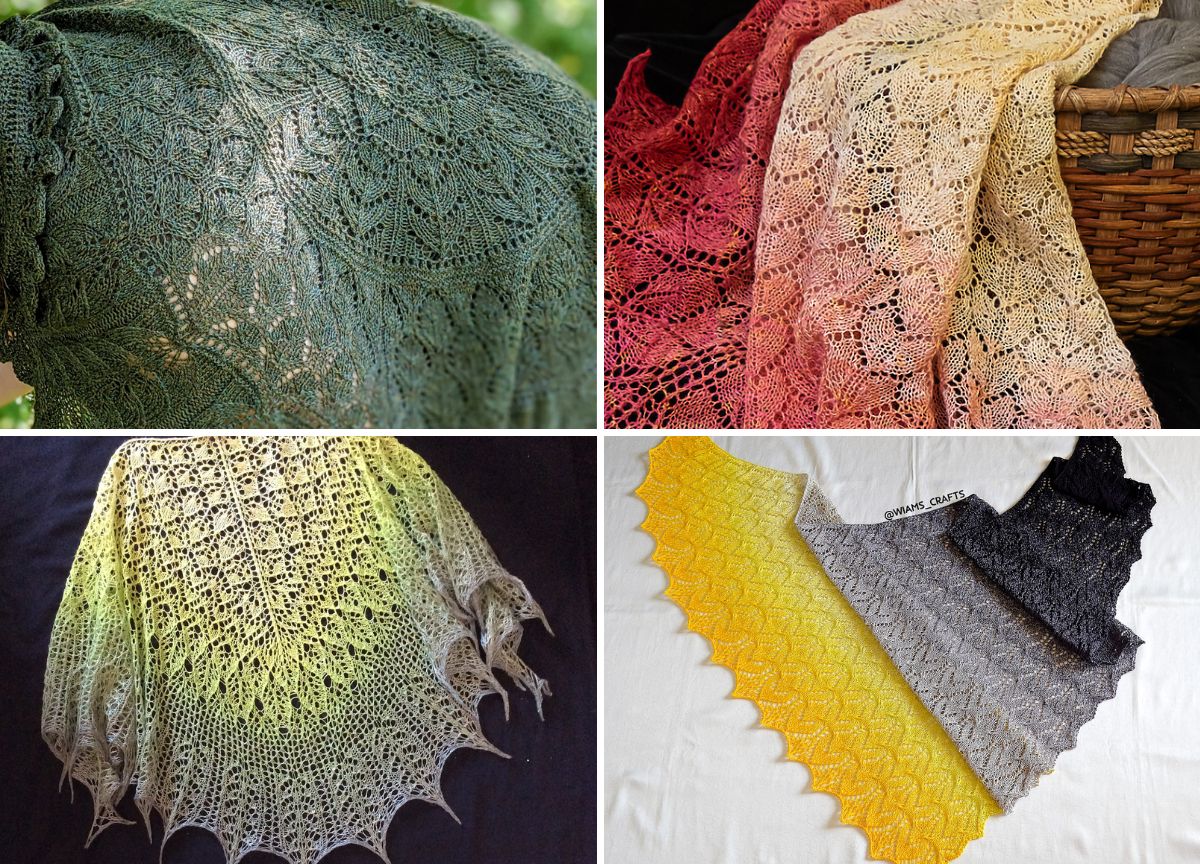 Four exquisite knitted lace shawls in green, pink, yellow, and gray are showcased against diverse backgrounds, each highlighting the intricate knitting patterns.