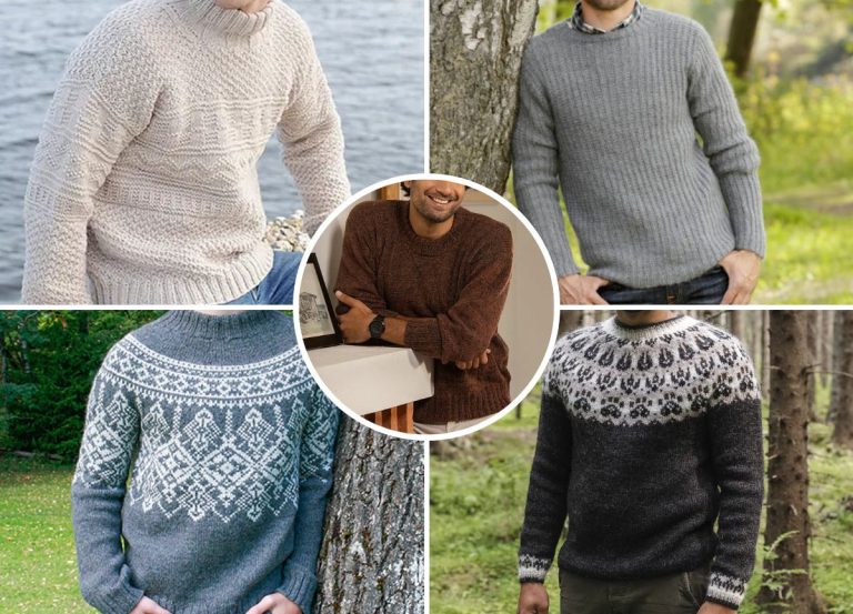 A collage showing five men wearing different knit sweaters in neutral colors and patterns—perfect inspiration for Men's Jumpers Free Knitting Patterns—standing or sitting outdoors near trees or water.
