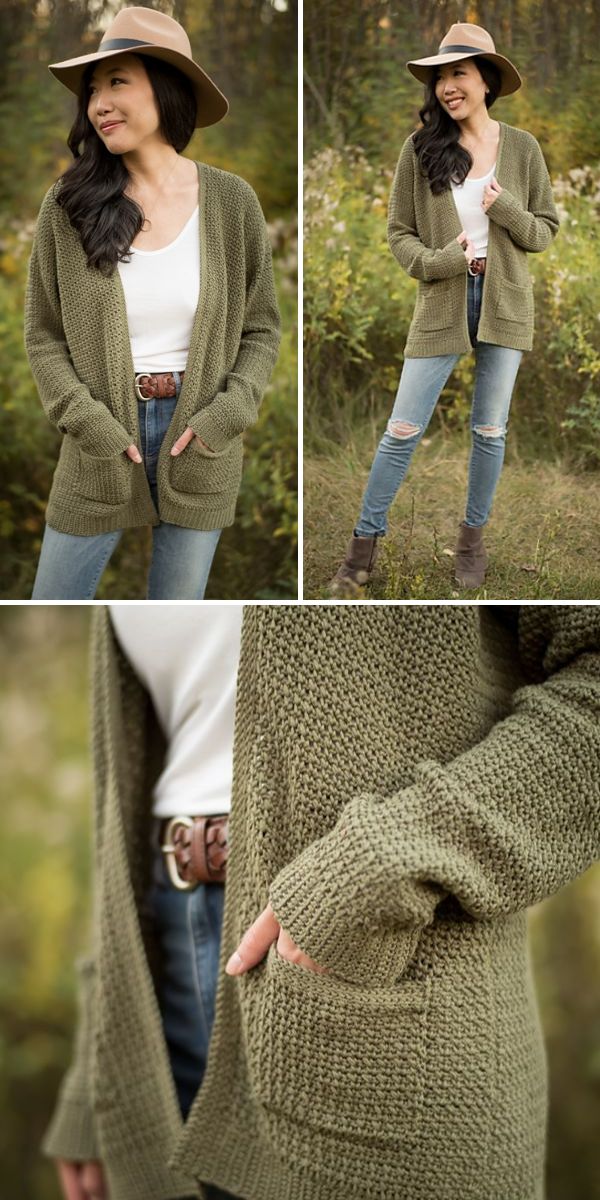 A woman standing outdoors wears a tan hat, white shirt, olive-green crochet cardigan, blue jeans, and brown boots. Close-up shows the crochet cardigans’ texture and her hand in the pocket.