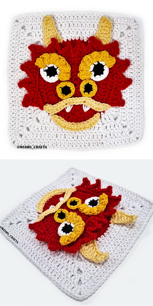 Handmade crochet animal granny squares featuring a red and yellow dragon face design with protruding horns and ears.