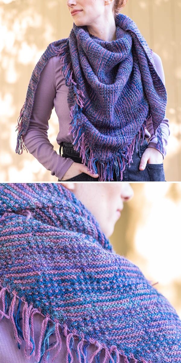purple knitted shawl with fringe