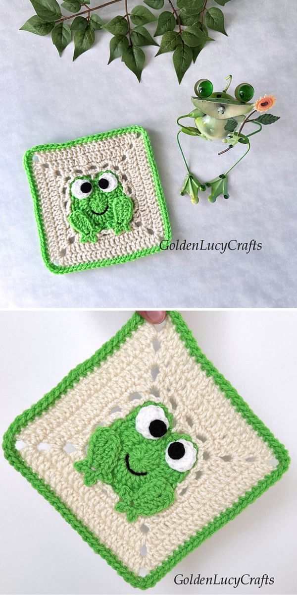 A handmade crocheted square with a green frog design, displayed above a decorative frog figure holding flowers. This piece is one of the animal granny squares collection.