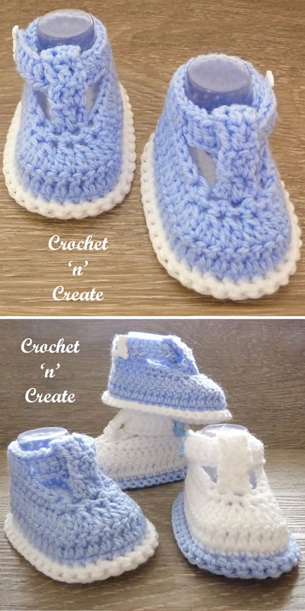 Two pairs of handmade crochet baby sandals, crafted from blue and white yarn with classic crochet baby booties patterns, displayed on a wooden surface.