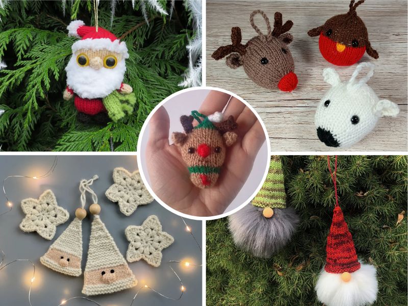 A collage of knitted Christmas ornaments, including crocheted Santa, reindeer, robin, polar bear, stars, gnomes, and a hand holding a small reindeer ornament—perfect accents for your winter crochet blankets.
