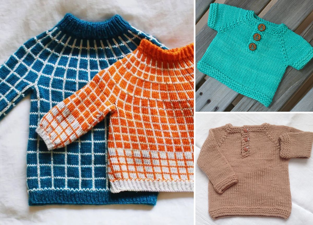 Four adorable knitted baby sweaters, available in different designs and colors: a blue and orange checkered pattern, turquoise with buttons, and brown with buttons, are beautifully displayed on a flat surface. Enjoy knitting these charming creations using free patterns.