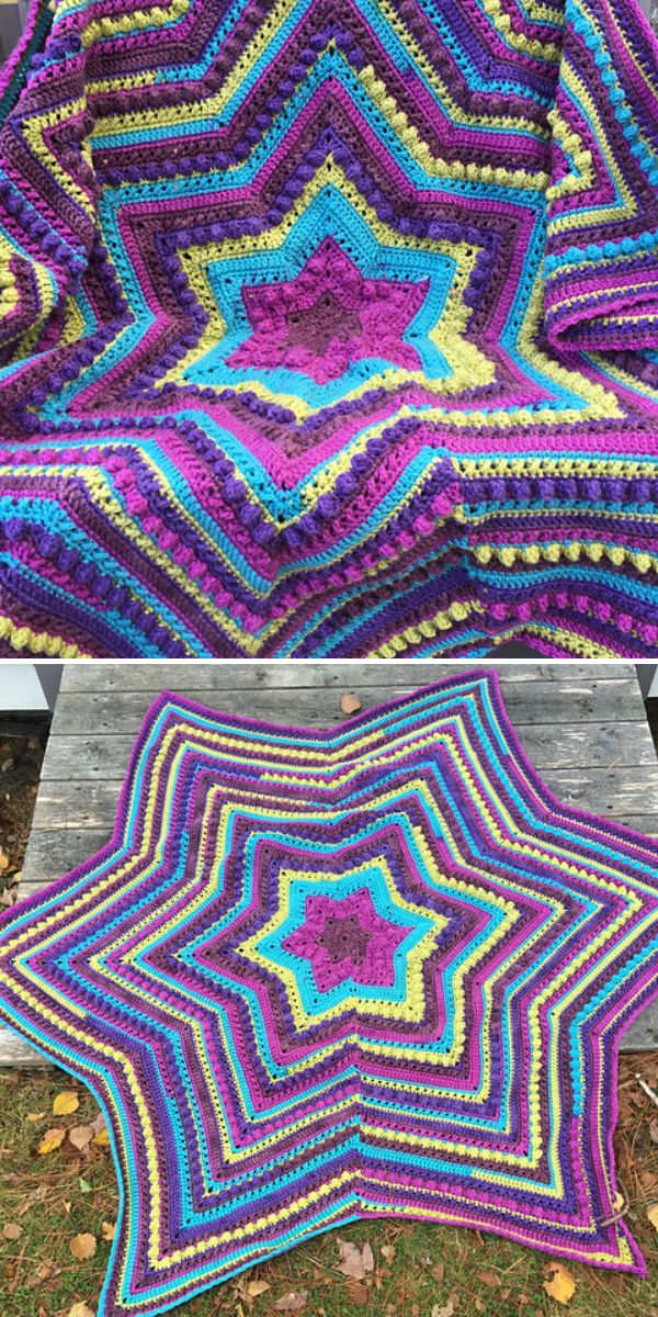 A vibrant crochet star blanket with multicolored stripes of purple, pink, blue, yellow, and green is displayed on furniture and laid flat on wooden boards.