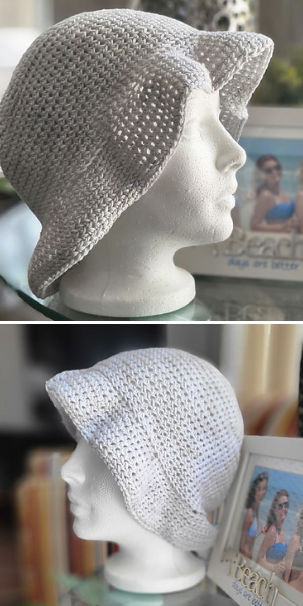 Two photos show a white crocheted hat displayed on a white mannequin head, with a framed beach photo in the background, beside a delicate crochet star blanket.