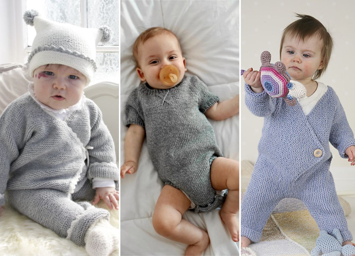 Three adorable babies in knitted onesies: one in a gray hat and cardigan, another in a stylish gray romper with a pacifier, and the last one showcasing charming knitted onesies patterns in blue while holding a toy.