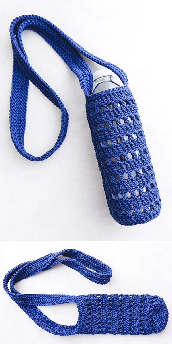 A blue crocheted bottle holder with a long strap is shown with and without a bottle inside, matching the cozy style of a crochet star blanket.