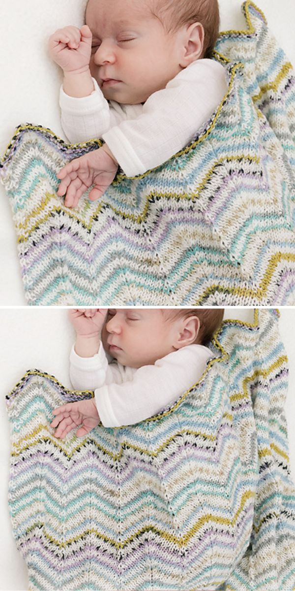 Two pictures of a baby sleeping in a chevron blanket.