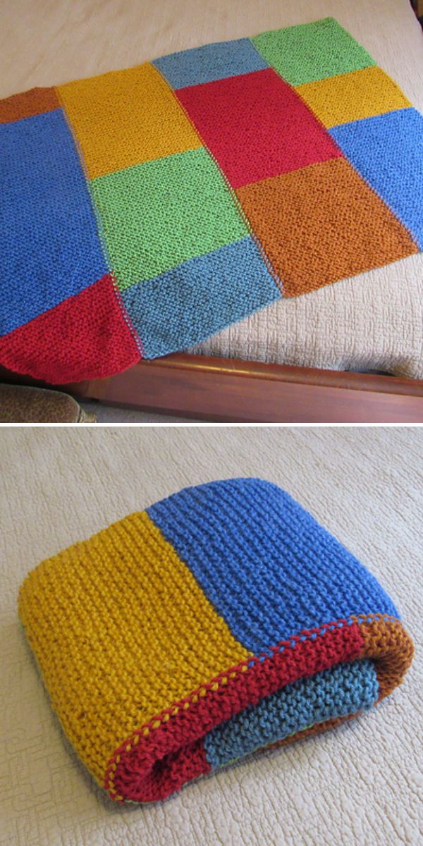 A crochet star blanket featuring large color blocks in blue, green, yellow, red, and orange is shown spread out on a bed and folded.