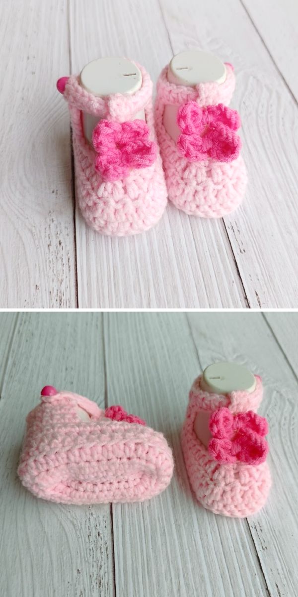 Two photos show a pair of handmade pink crochet baby booties with a darker pink flower detail, displayed on a white wooden surface—perfect inspiration for those seeking adorable crochet baby booties patterns.