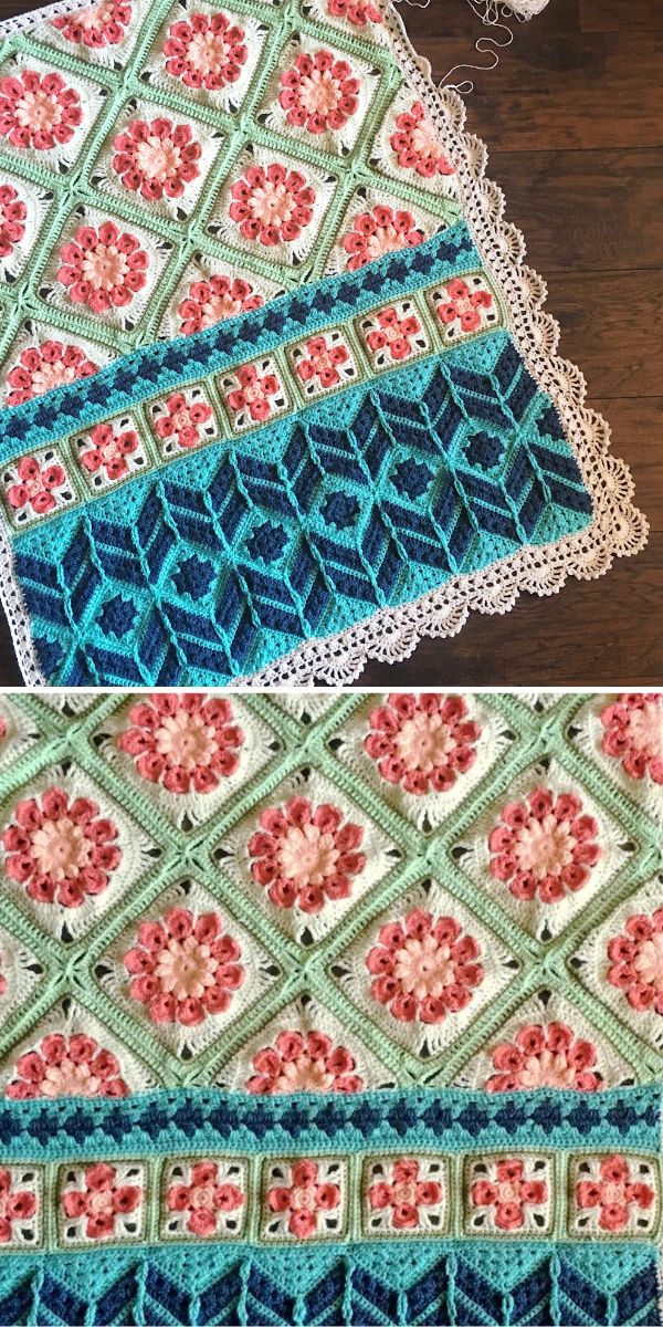 A crocheted table runner with delicate flowers and lace.