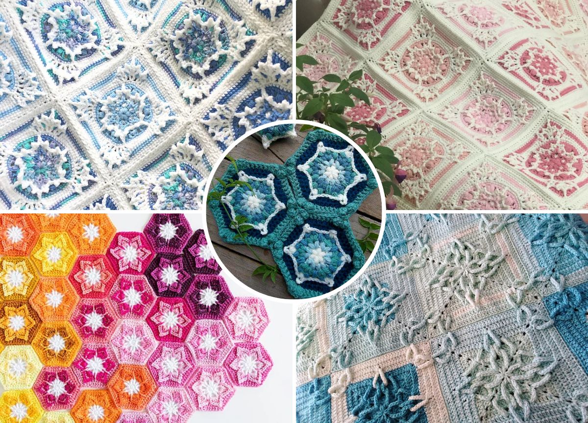 A collage of colorful crocheted blanket patterns, featuring geometric shapes and floral motifs in various hues such as blue, pink, orange, and purple, showcases intricate crochet squares patterns that add a touch of warmth and style.