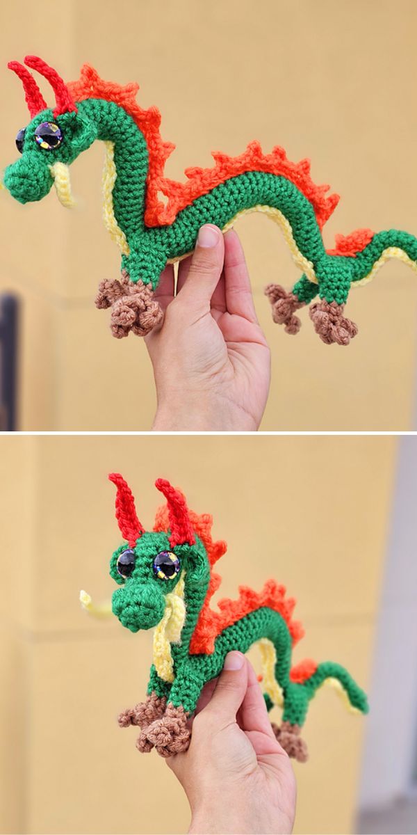 Two pictures featuring exquisite crocheted dragon creations.