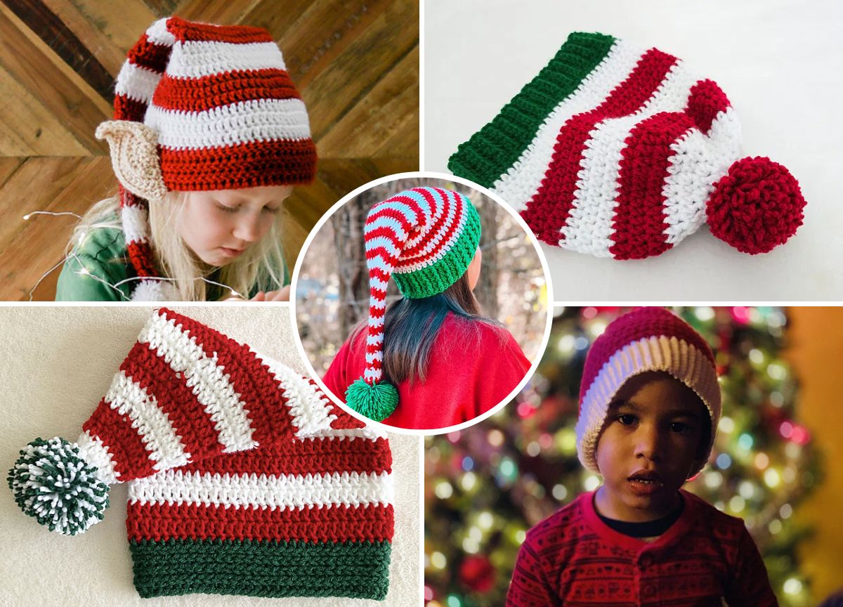Collage of crochet holiday hats featuring stripes in red, green, and white, including one with elf ears and another with a pom-pom. Two children are wearing the hats.