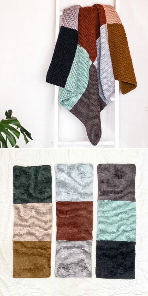 A color-block knit blanket draped over a white ladder, with three rectangular knitted panels in earthy tones—perfect for pairing with a cozy crochet star blanket—displayed on a white surface below.