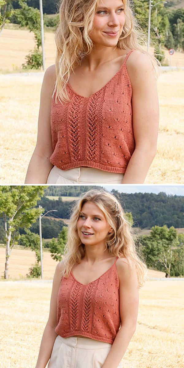 A woman stands outdoors wearing a sleeveless, rust-colored knit top with a lace pattern and high-waisted light pants, while a crochet star blanket is draped over her arm. Trees and fields are visible in the background.