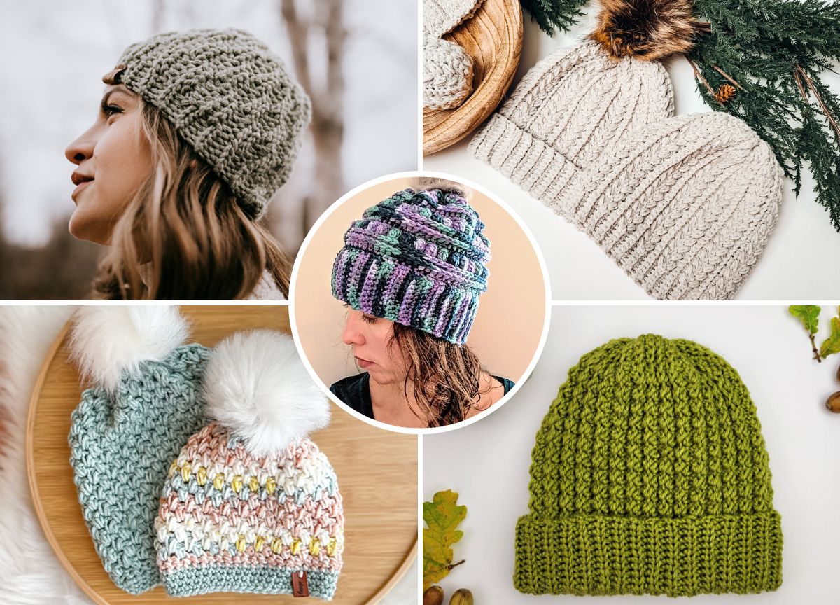Collage of five textured crochet hats in varying styles and colors, including cream, multicolor, and green. Central image features a person wearing a multicolor beanie.