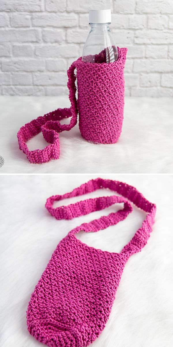 A hot pink crocheted bottle holder with a long strap, shown holding a plastic water bottle and laid flat on a white surface, features a stitch reminiscent of a crochet star blanket.