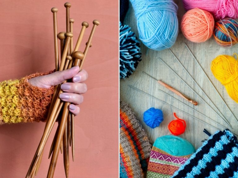 A woman holding the best knitting needles.