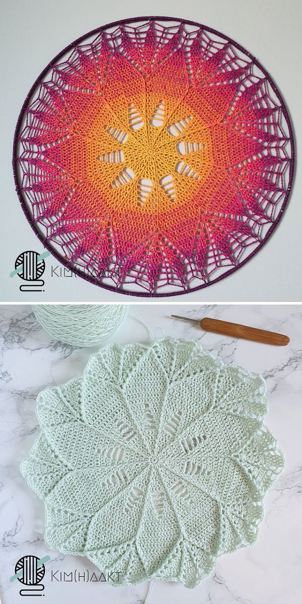 Two round crochet mandalas with intricate patterns: the top in warm gradient colors, the bottom in solid light green, both displayed flat with crochet hooks nearby—perfect inspiration for your next square blanket knitting project.