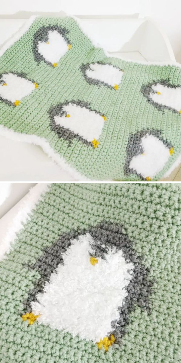 light green crochet blanket with little penguin pattern