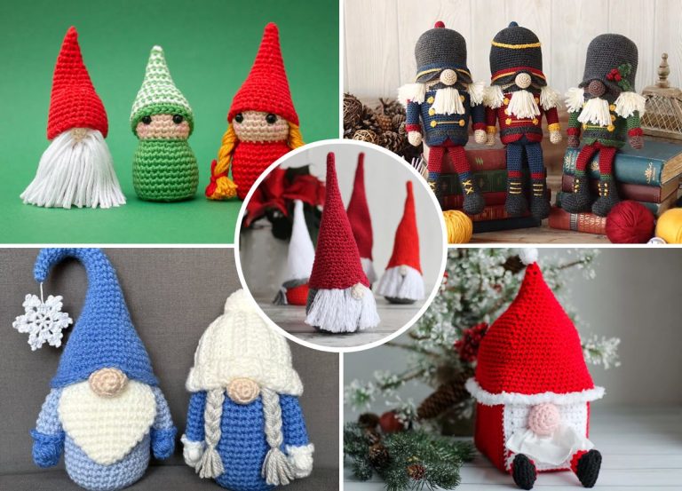Collage of crochet gnomes and nutcracker dolls in various colors and styles, displayed against different festive backgrounds.