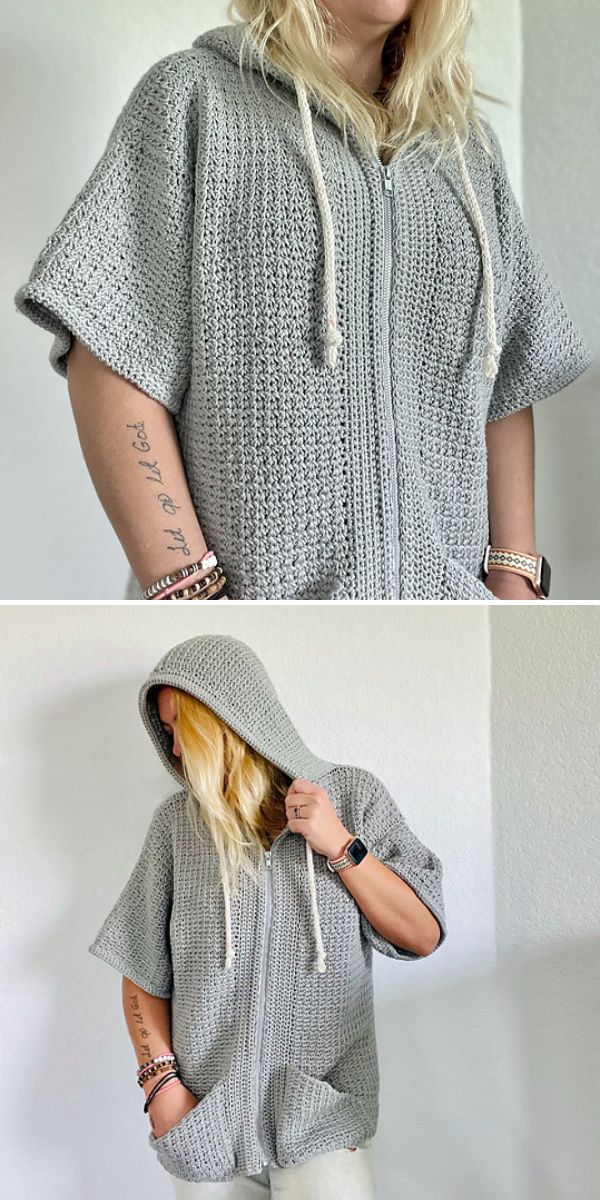 A person wearing a light gray, short-sleeve, zip-up hooded sweater with a drawstring hood, shown from the front and side—ideal for cozy days spent square blanket knitting.