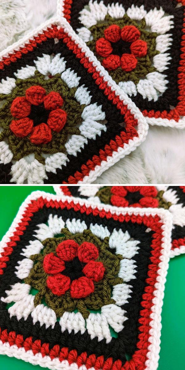Three crochet afghan squares adorned with red and white flowers.