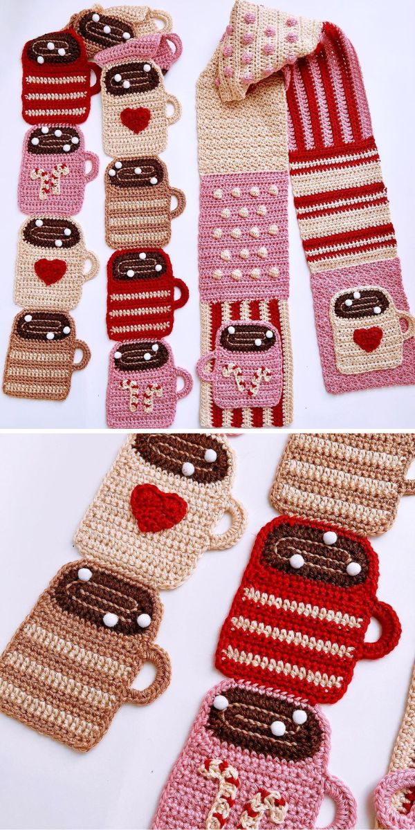 A crocheted coffee mug adorned with hearts, perfect for adding a touch of love to your Christmas accessories collection.