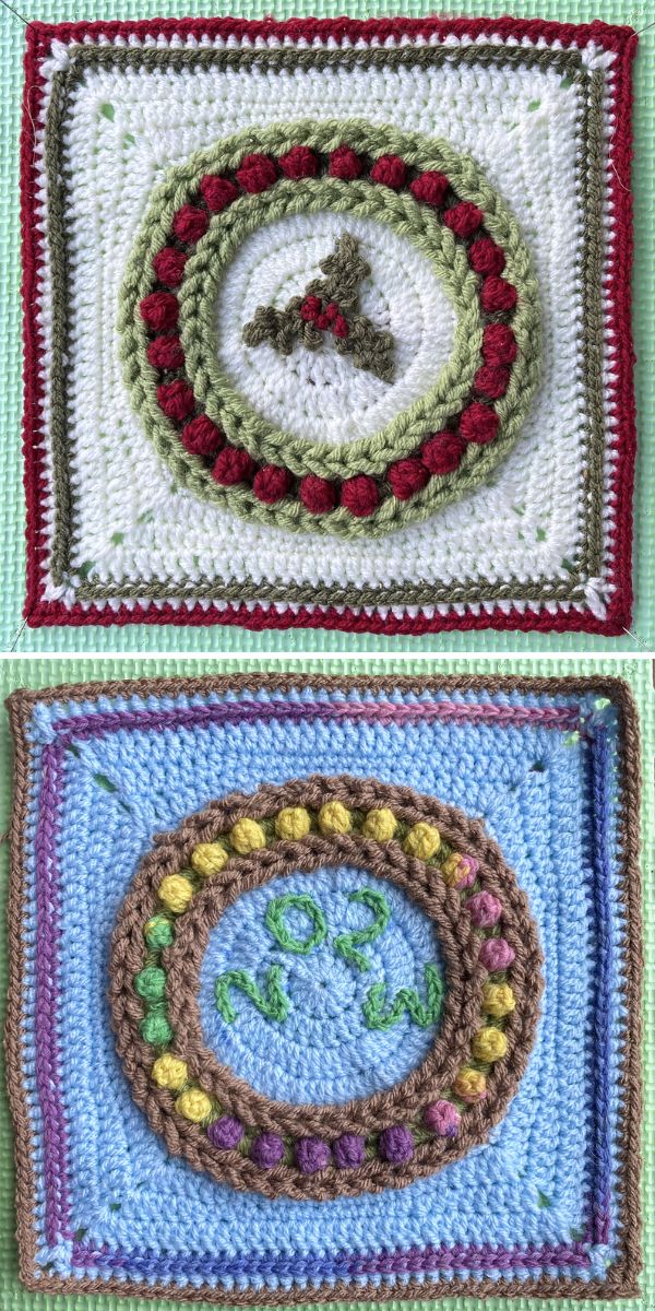 Two crochet afghan squares adorned with ornaments
