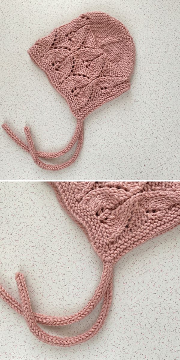 A pink knit bonnet with leaf patterns and two braided ties, displayed on a light-speckled surface—perfect to pair with your favorite square blanket knitting project.