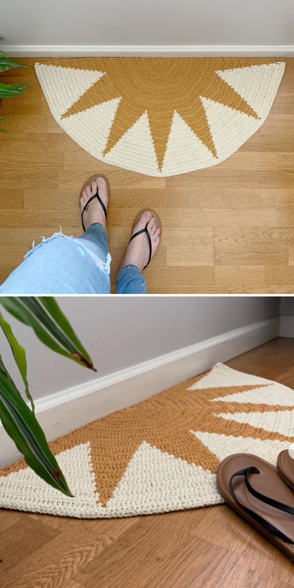 crochet rug in the shape of a half-circle with star motif