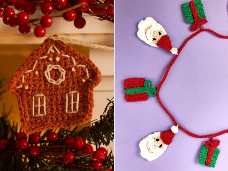 Two pictures of a crocheted winter garland and gingerbread house.
