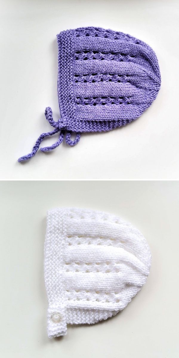 Two hand-knitted baby bonnets are displayed: the top is purple with ties, and the bottom is white with a buttoned strap. Both feature textured, lacy patterns reminiscent of classic square blanket knitting designs.