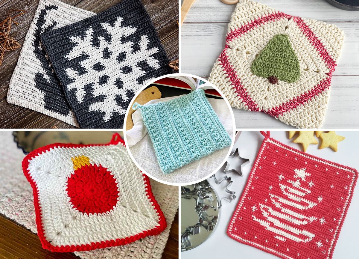 Five beautifully crafted crochet potholders showcase various designs, including a snowflake, Christmas tree, circular pattern, textured stripes, and candy canes.